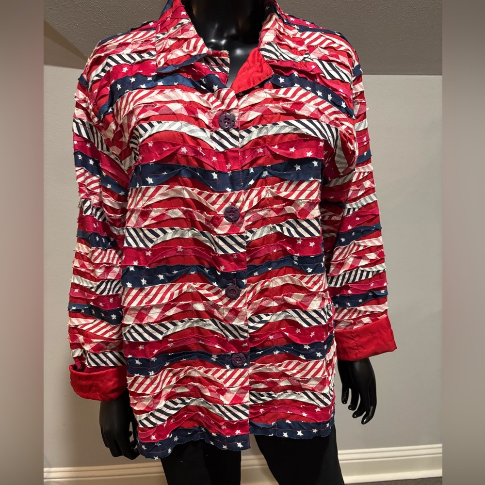 Vtg Keren Hart Shirt Jacket Sz Large 4th July flag Patriotic rag blouse USA 2x